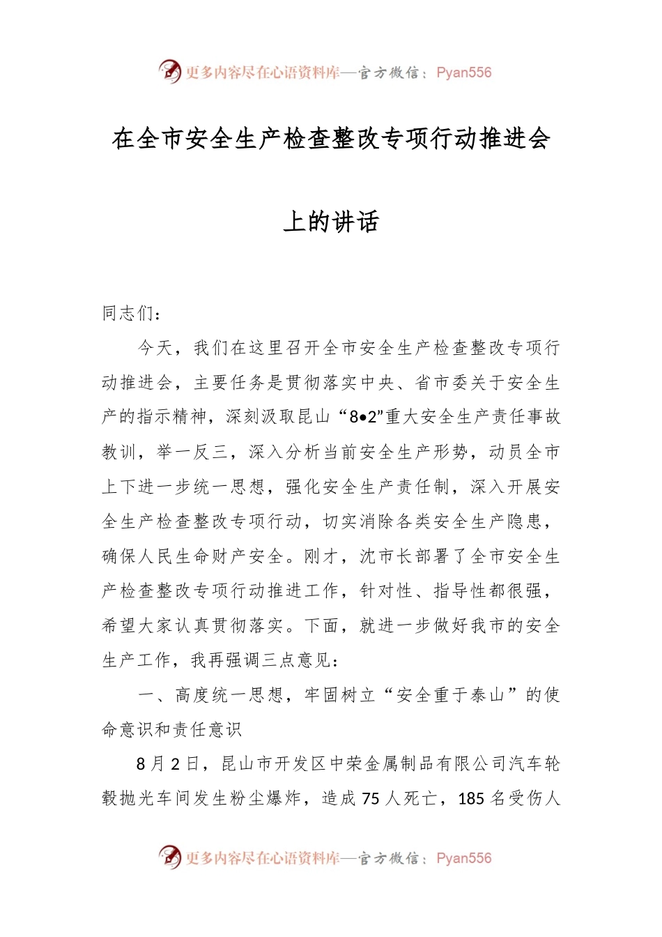 在全市安全生产检查整改专项行动推进会上的讲话稿.docx_第1页