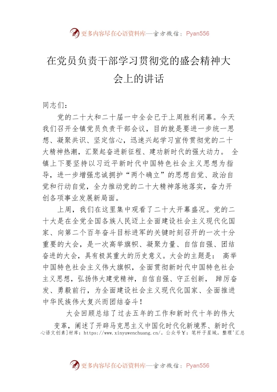 在党员负责干部学习贯彻党的盛会精神大会上的讲话.docx_第1页