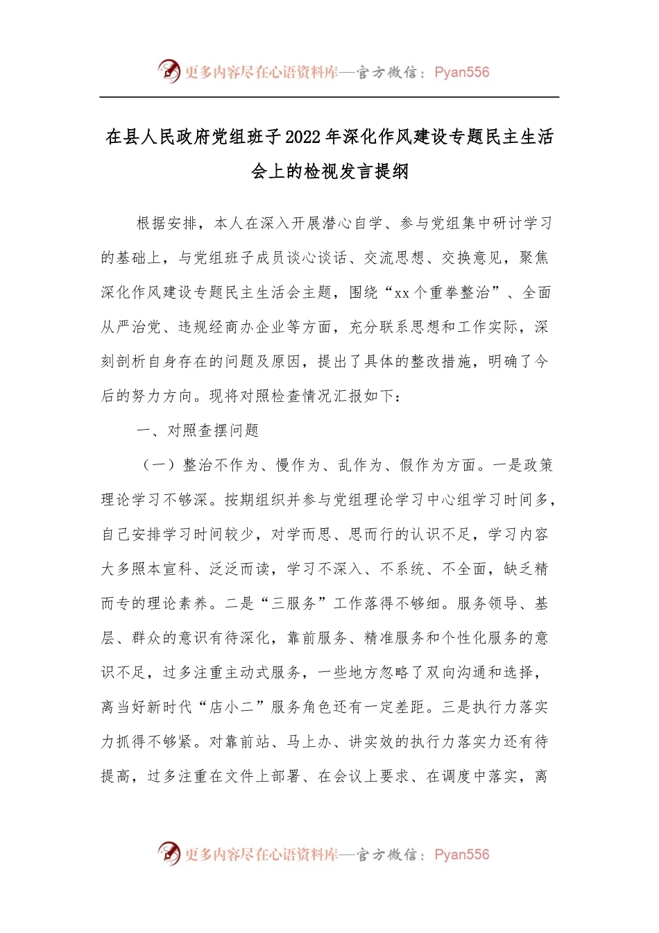 在县人民政府党组班子2022年深化作风建设专题民主生活会上的检视发言提纲[2].docx_第1页