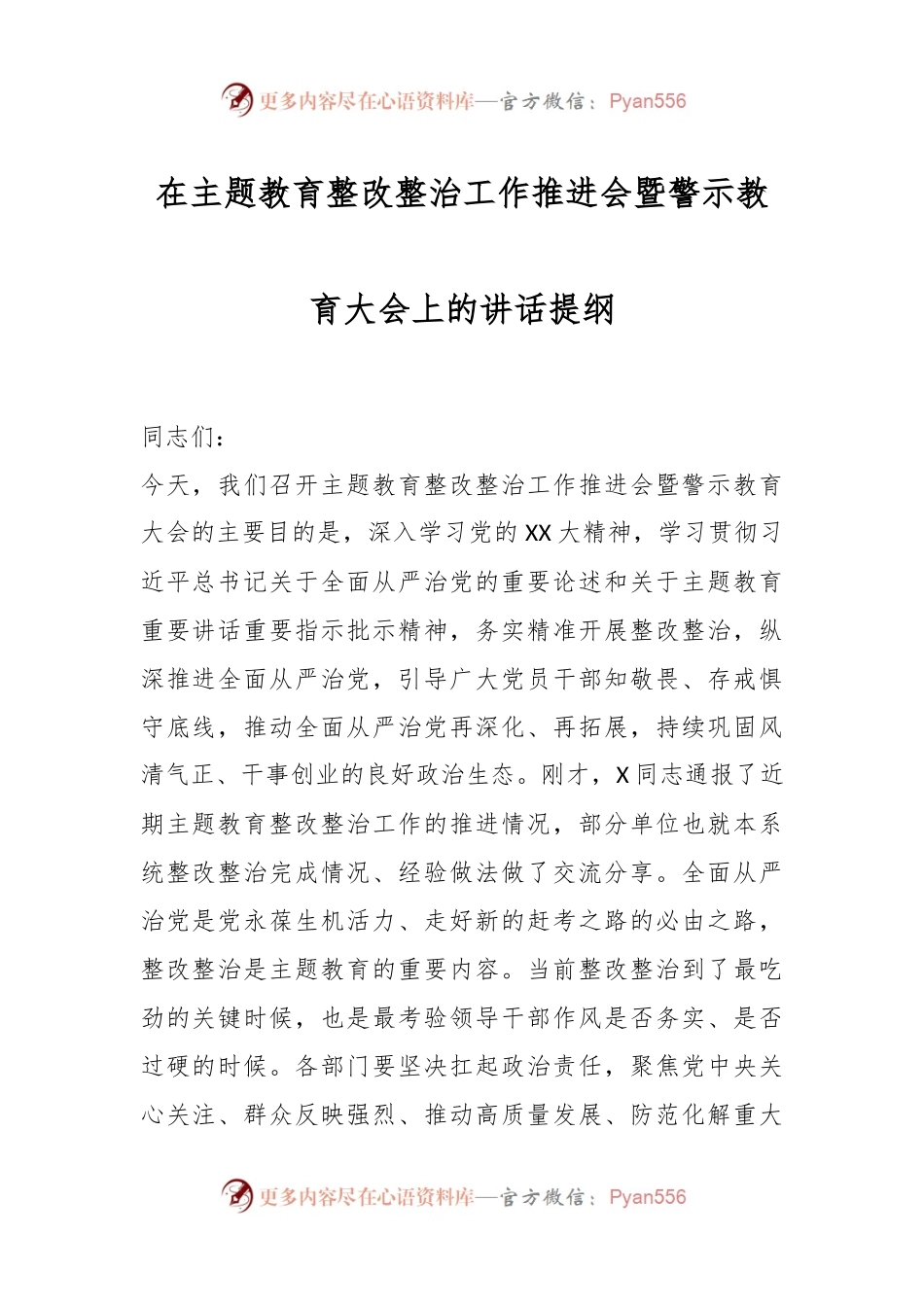 在主题教育整改整治工作推进会暨警示教育大会上的讲话提纲.docx_第1页