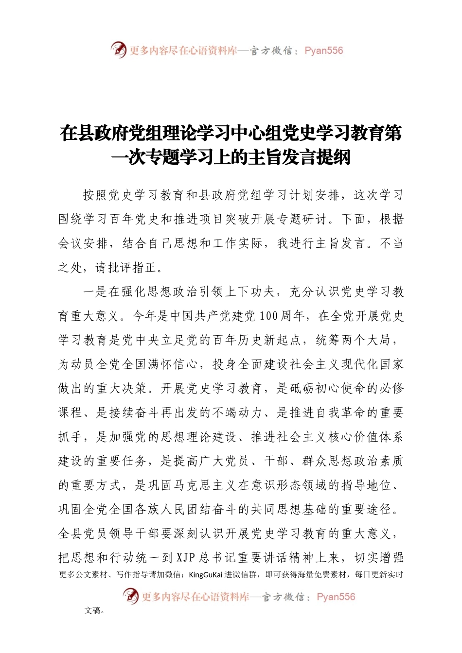 在县政府党组理论学习中心组党史学习教育第一次专题学习上的主旨发言提纲(1).docx_第1页