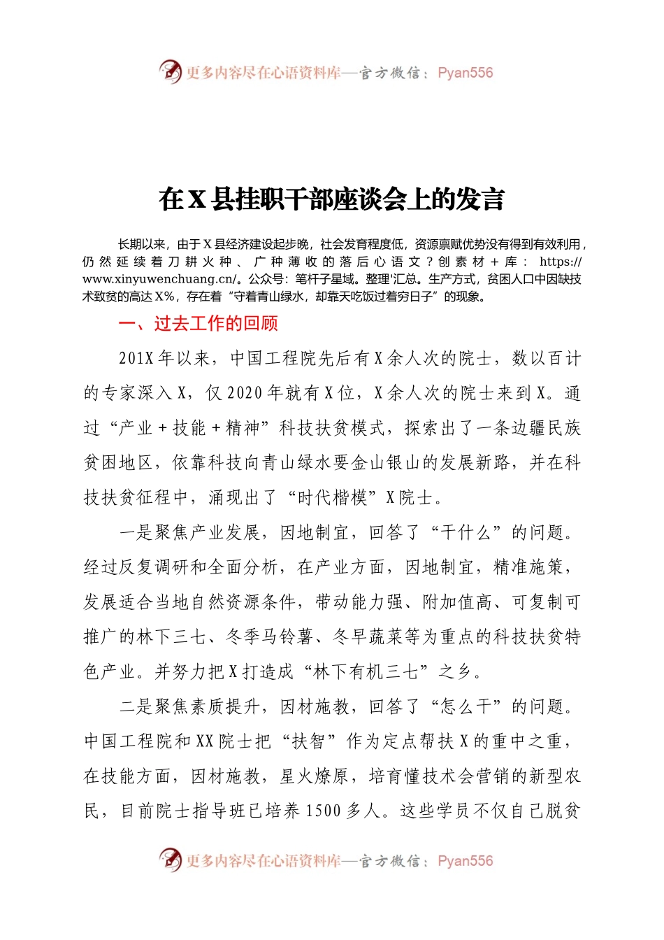 在X县挂职干部座谈会上的发言.docx_第1页