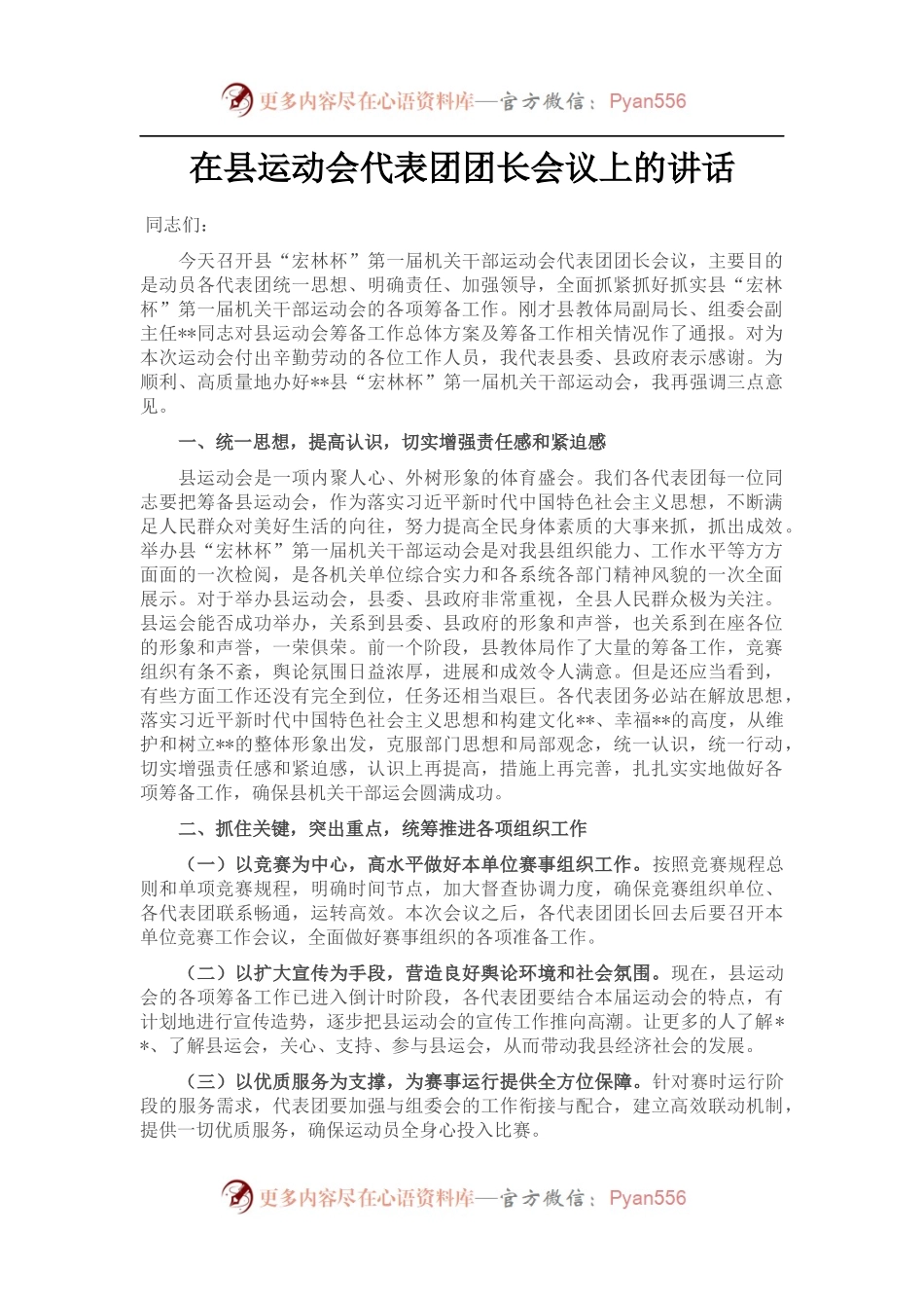在县运动会代表团团长会议上的讲话.docx_第1页