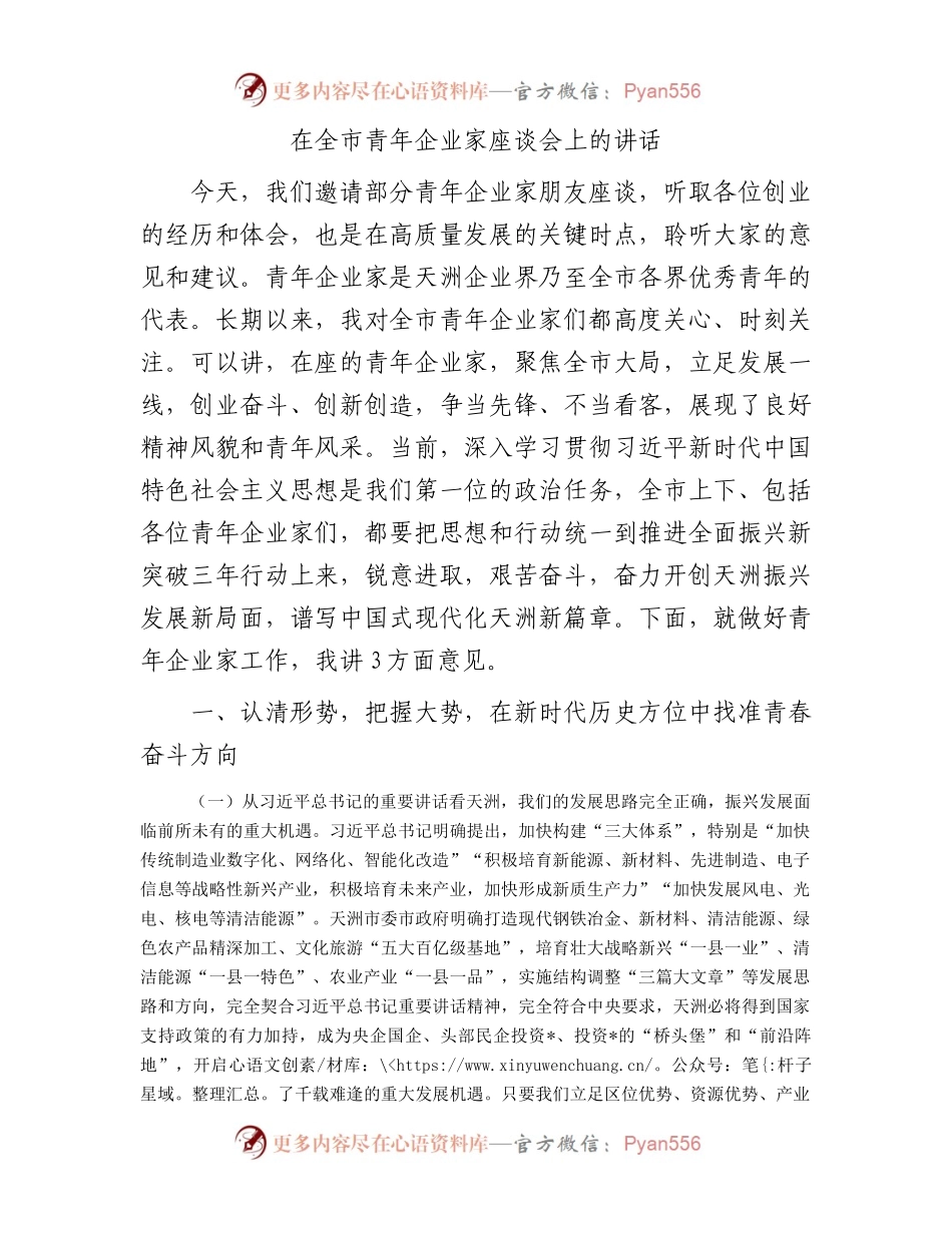 在全市青年企业家座谈会上的讲话.docx_第1页