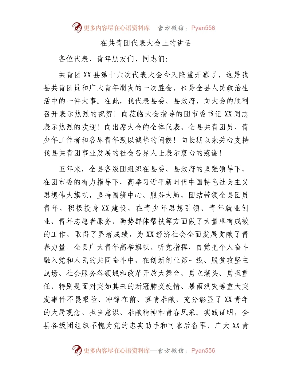 在共青团代表大会上的讲话.docx_第1页