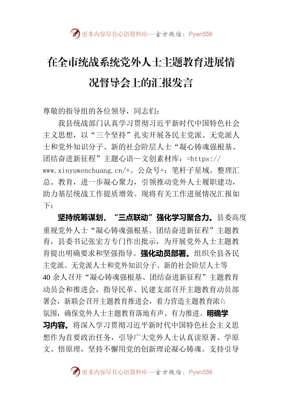在全市统战系统党外人士主题教育进展情况督导会上的汇报发言.docx_第1页