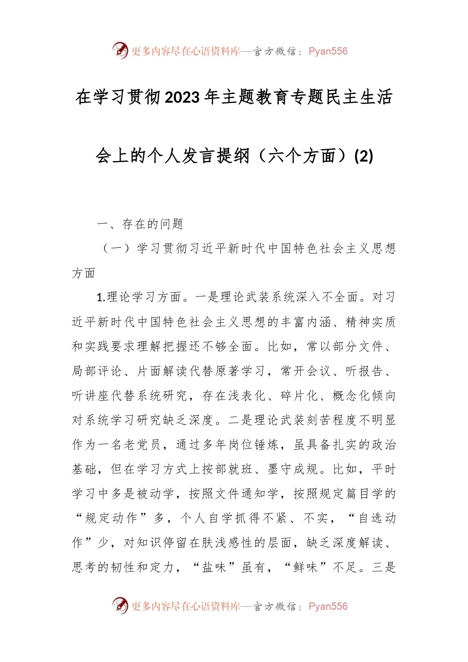在学习贯彻2023年主题教育专题民主生活会上的个人发言稿提纲（六个方面）(2).docx_第1页
