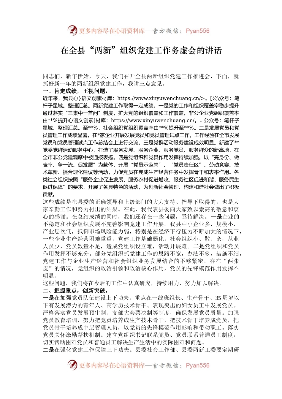 在全县“两新”组织党建工作务虚会的讲话.docx_第1页