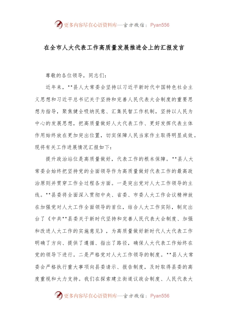 在全市人大代表工作高质量发展推进会上的汇报发言.docx_第1页