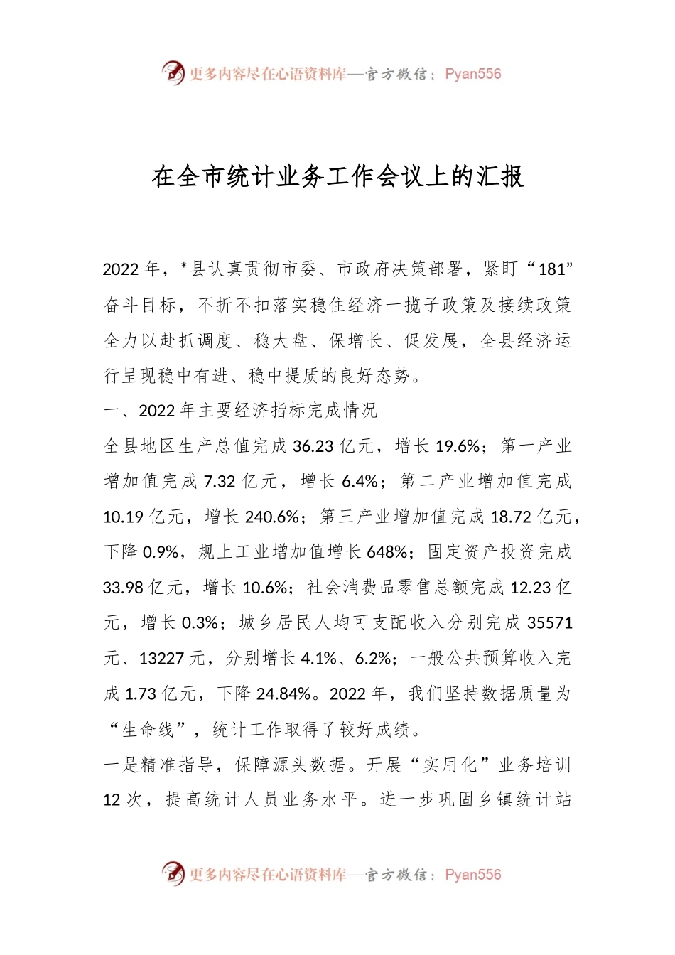 在全市统计业务工作会议上的汇报.docx_第1页