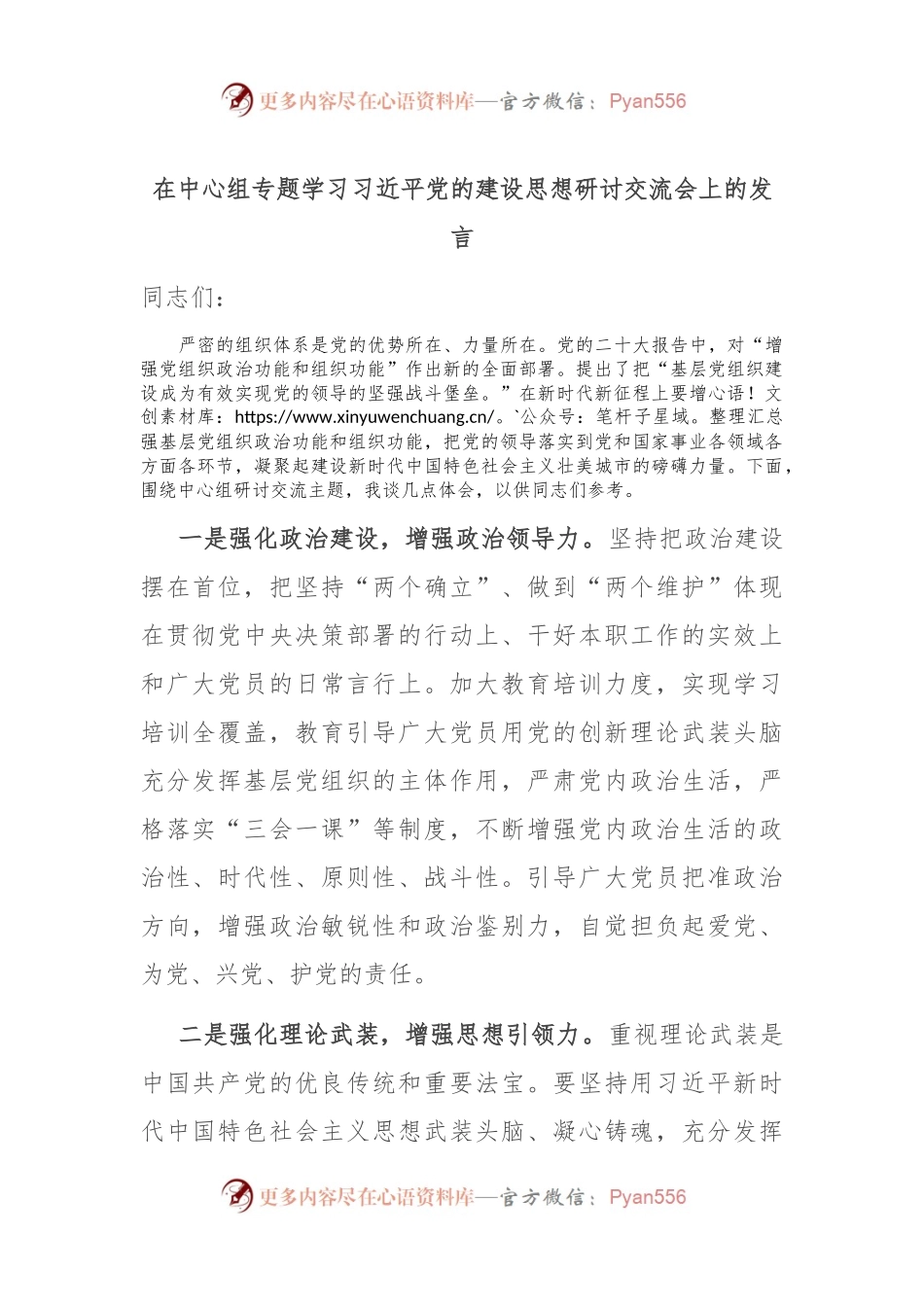 在中心组专题学习习近平党的建设思想研讨交流会上的发言.docx_第1页