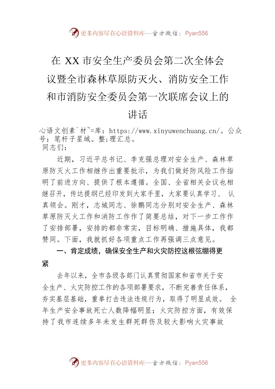 在XX市安全生产委员会第二次全体会议暨全市森林草原防灭火、消防安全工作和市消防安全委员会第一次联席会议上的讲话.docx_第1页