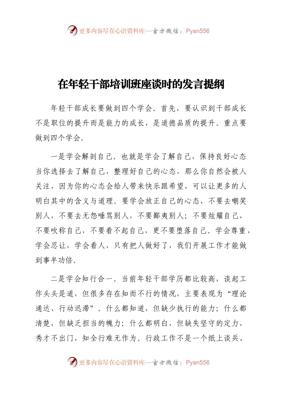 在年轻干部培训班座谈时的发言.doc.docx_第1页