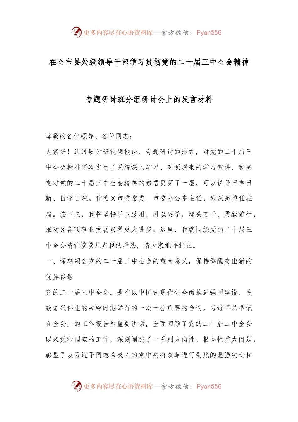 在全市县处级领导干部学习贯彻党的二十届三中全会精神专题研讨班分组研讨会上的发言材料.docx_第1页