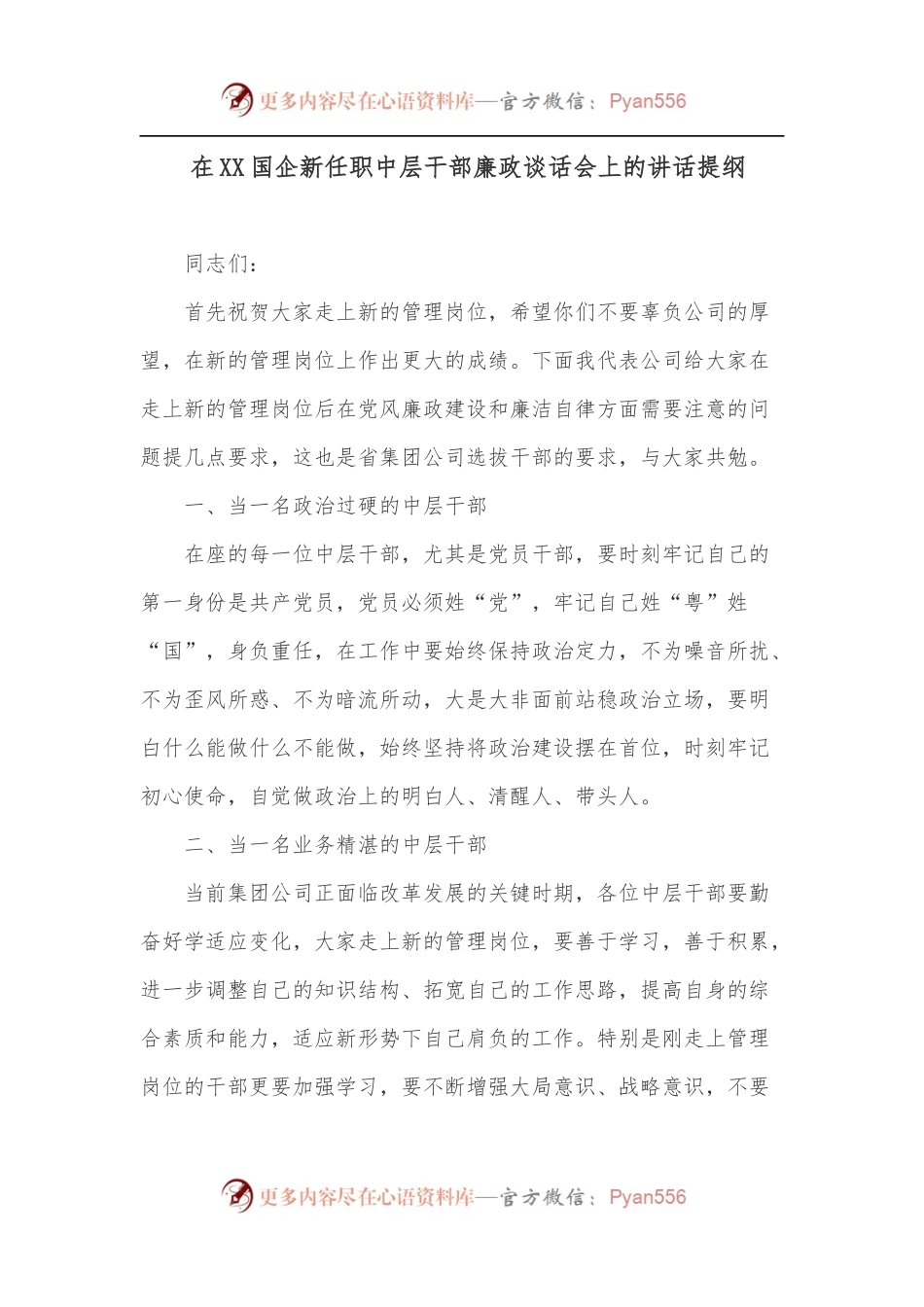 在XX国企新任职中层干部廉政谈话会上的讲话提纲.docx_第1页