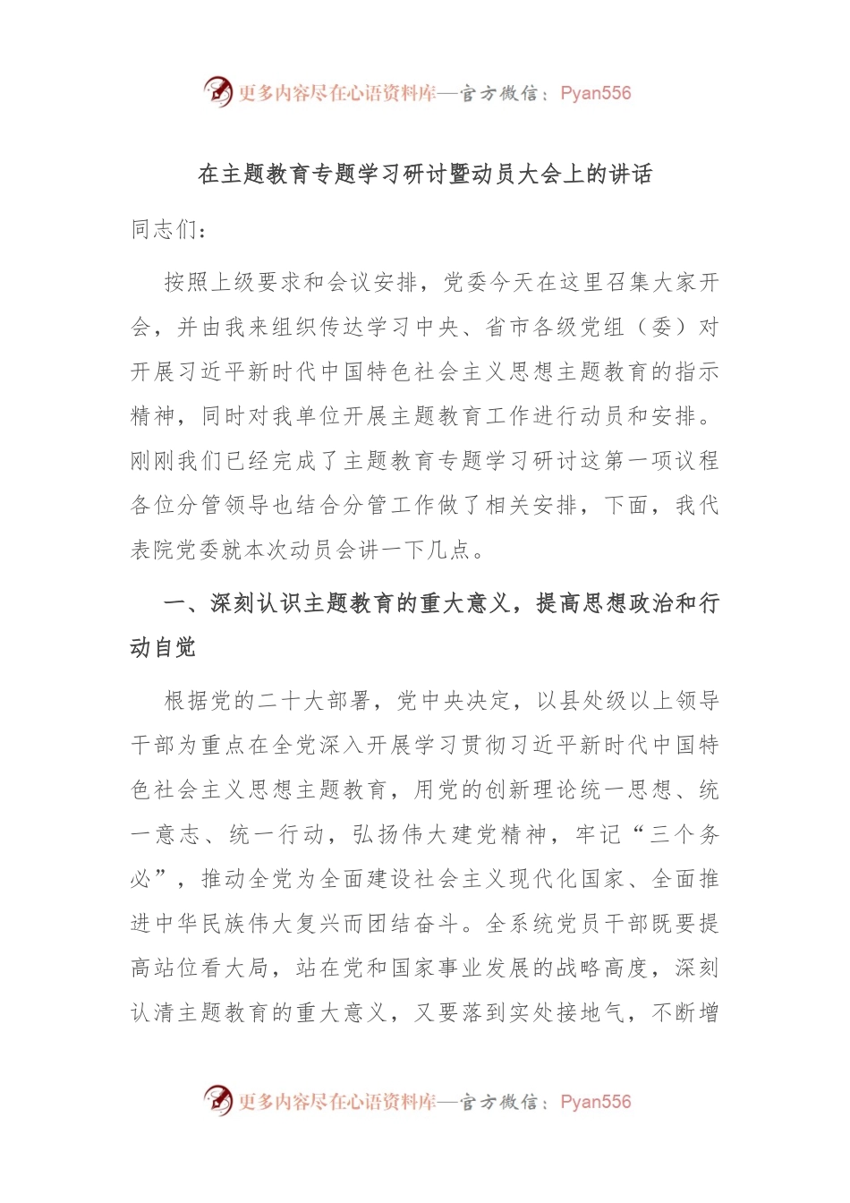 在主题教育专题学习研讨暨动员大会上的讲话.docx_第1页