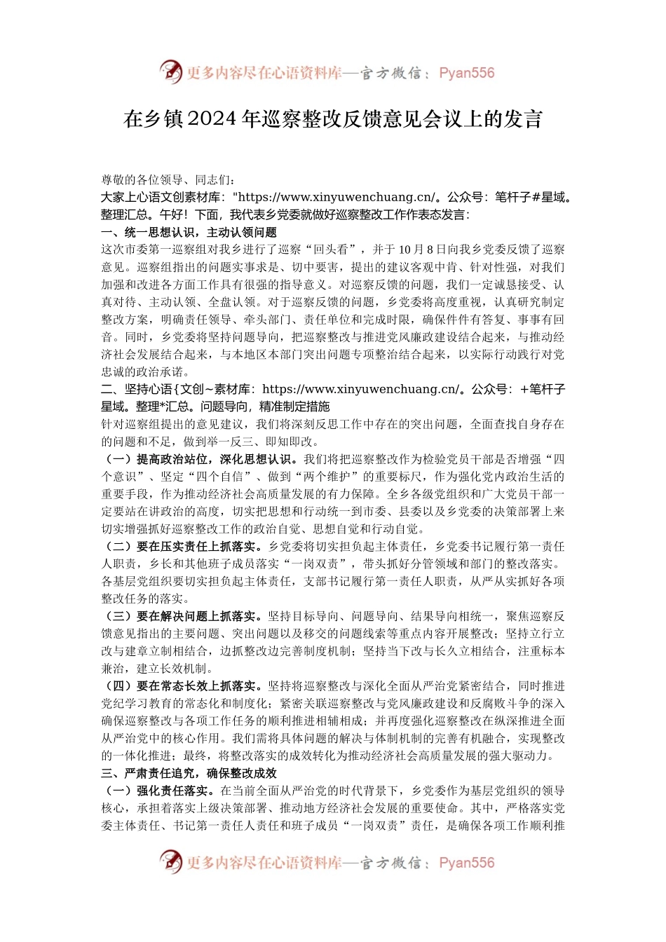 在乡镇2024年巡察整改反馈意见会议上的发言.docx_第1页