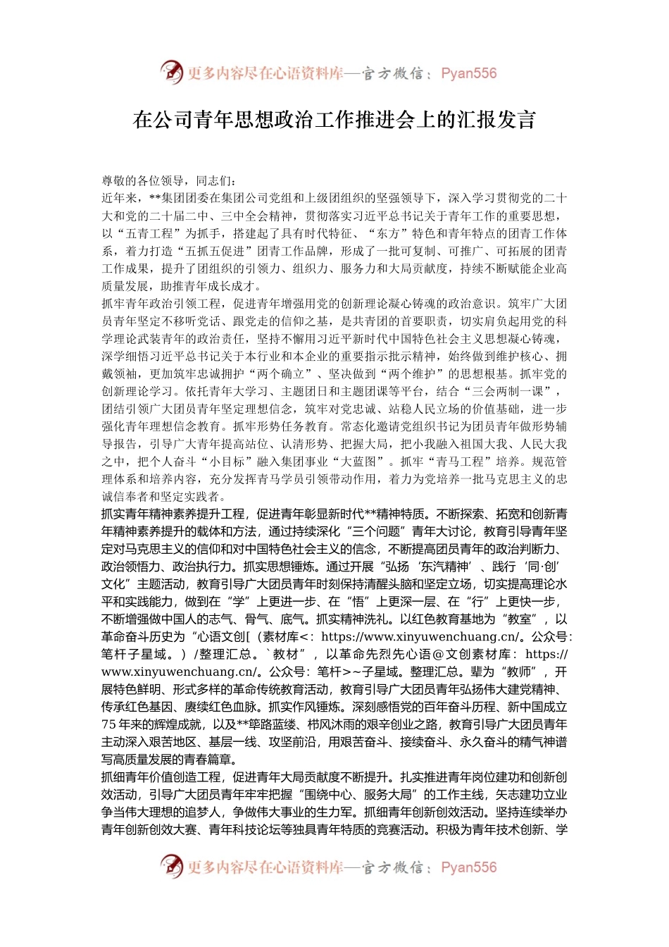 在公司青年思想政治工作推进会上的汇报发言.docx_第1页