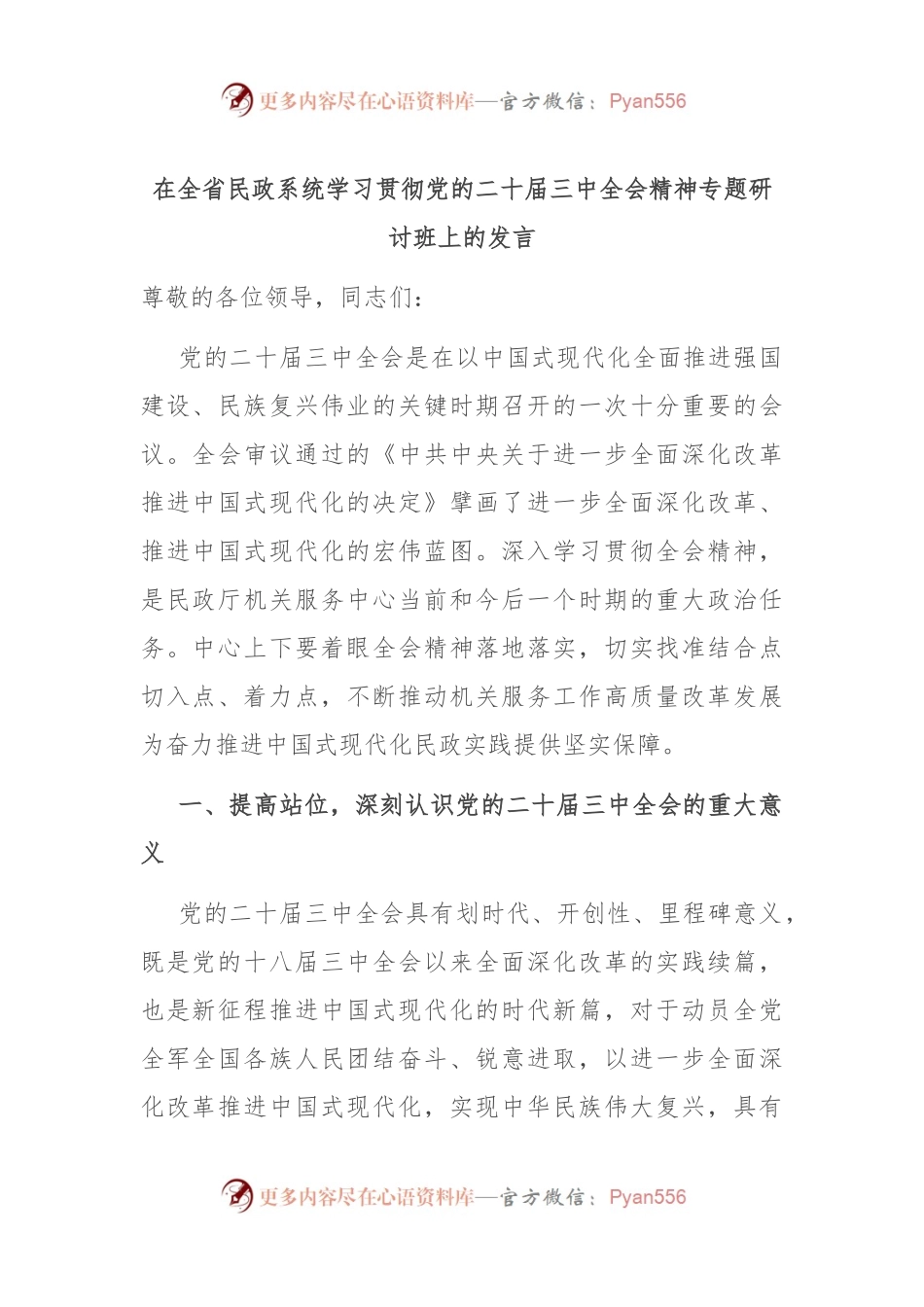 在全省民政系统学习贯彻党的二十届三中全会精神专题研讨班上的发言.docx_第1页