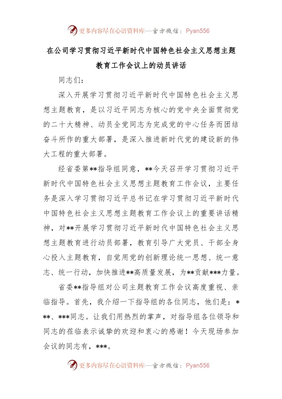 在公司学习贯彻习近平新时代中国特色社会主义思想主题教育工作会议上的动员讲话.docx_第1页