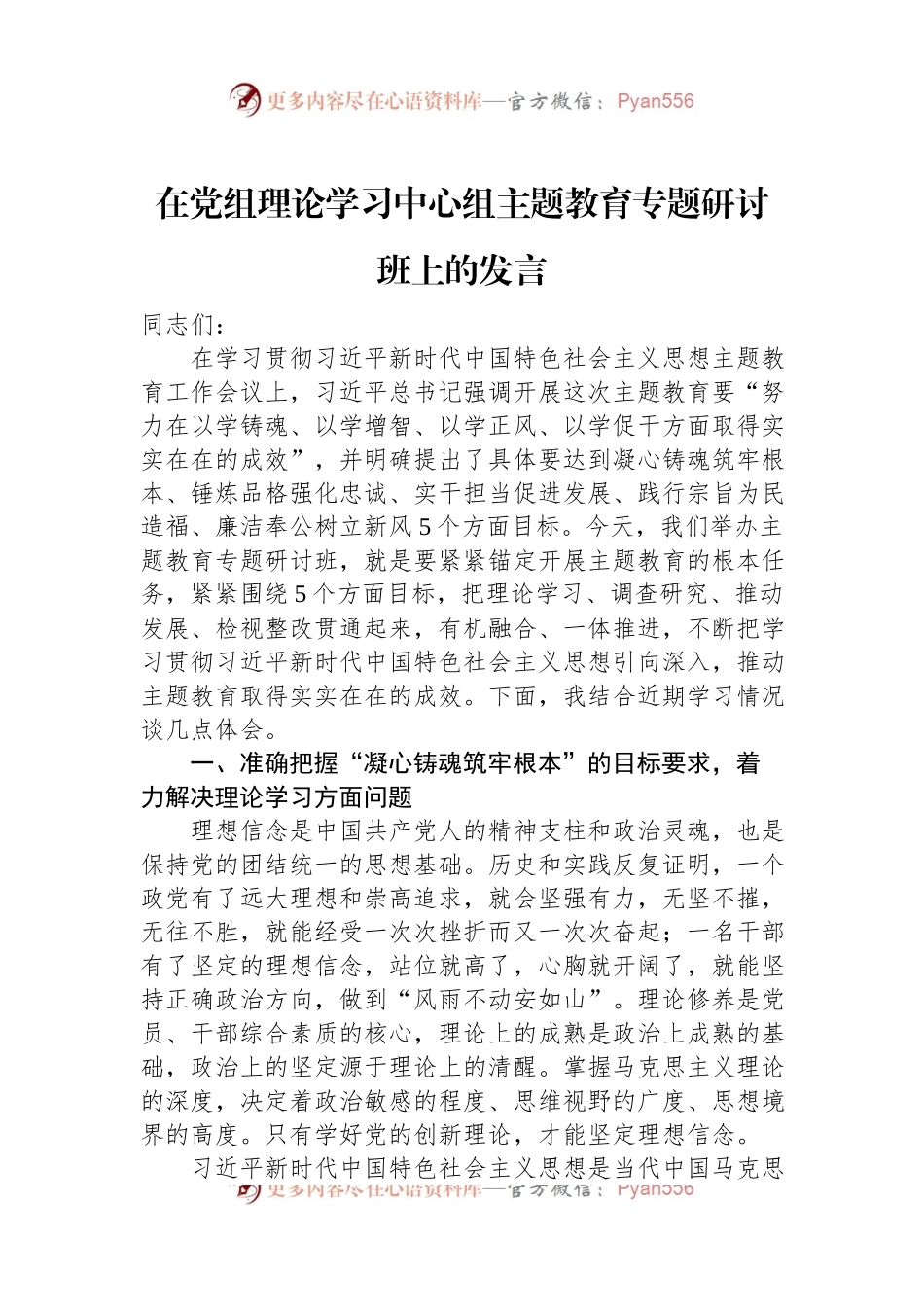 在党组理论学习中心组主题教育专题研讨班上的发言.docx_第1页