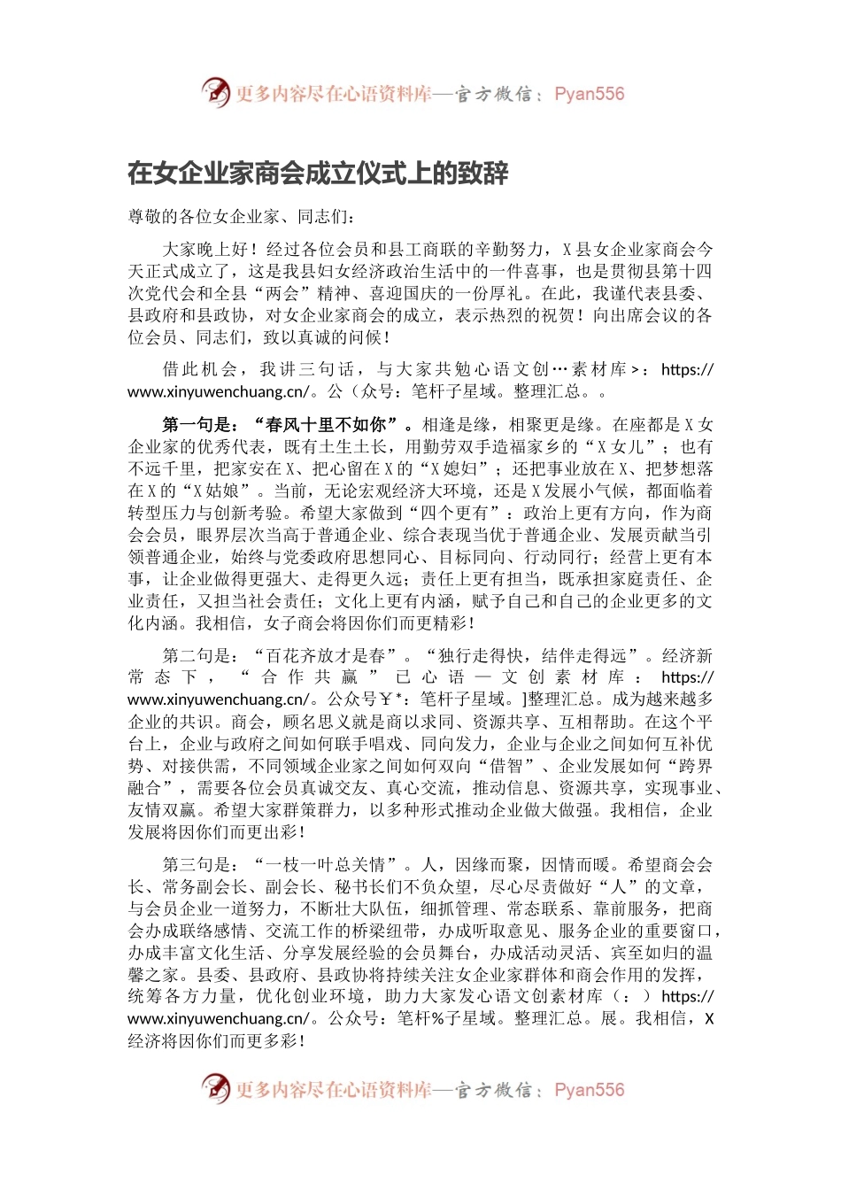 在女企业家商会成立仪式上的致辞.docx_第1页