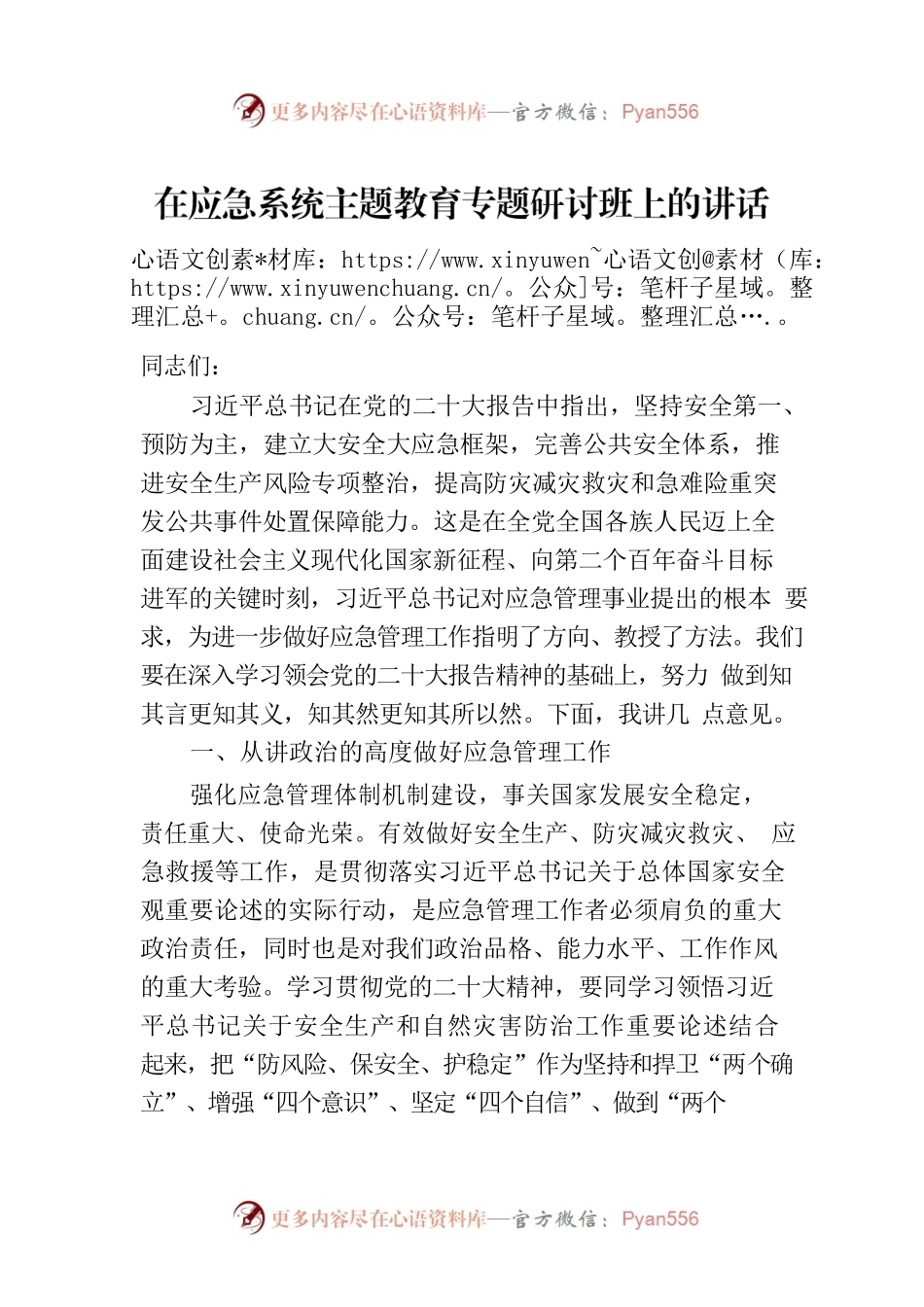 在应急系统主题教育专题研讨班上的讲话.docx_第1页