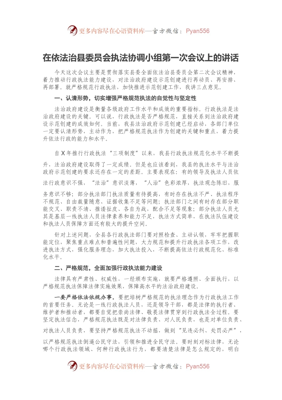在依法治县委员会执法协调小组第一次会议上的讲话.docx_第1页