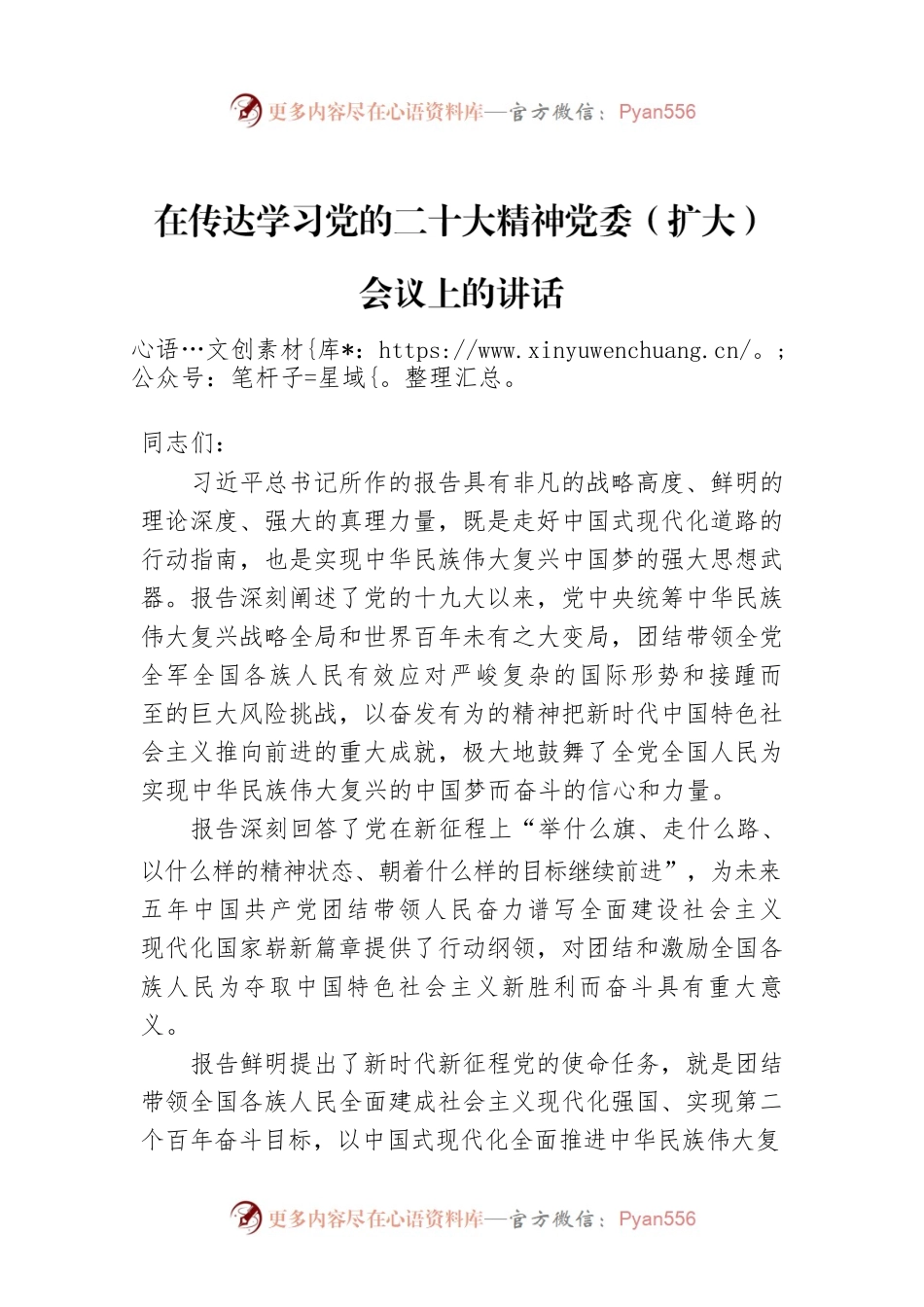 在传达学习党的二十大精神党委（扩大）会议上的讲话.docx_第1页