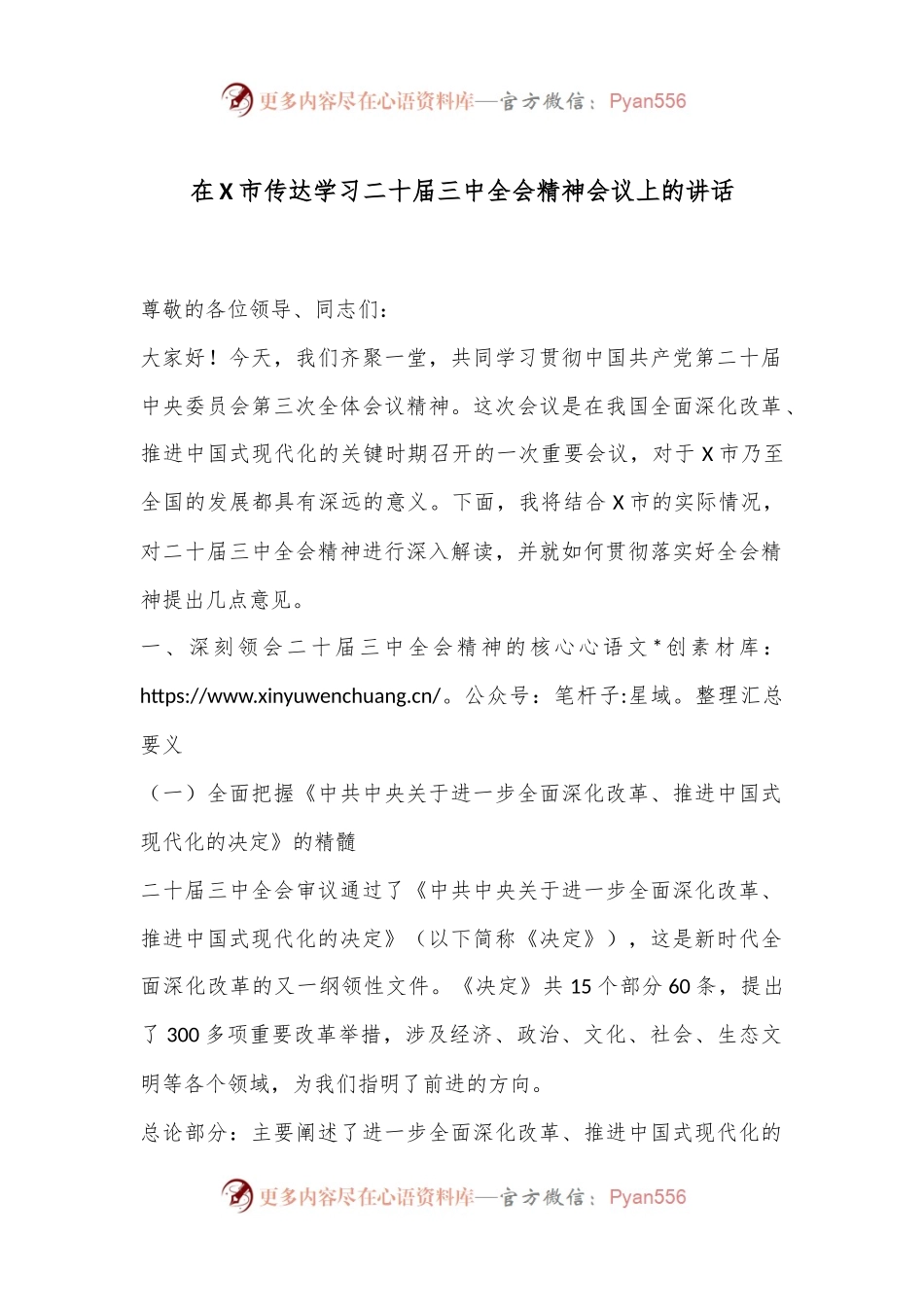 在X市传达学习二十届三中全会精神会议上的讲话.docx_第1页