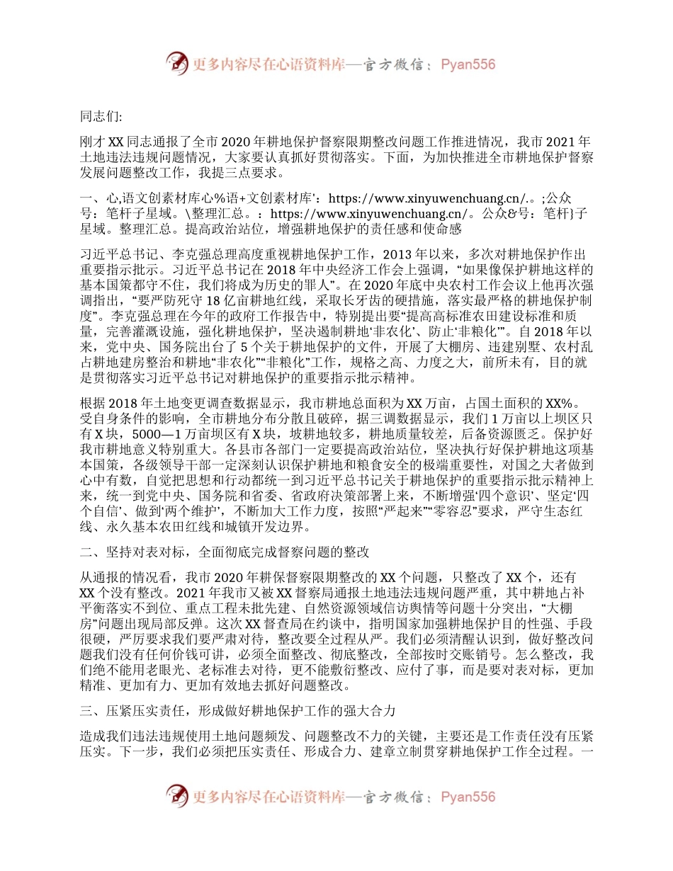 在全市耕地保护督察问题整改工作推进会上的讲话.docx_第1页