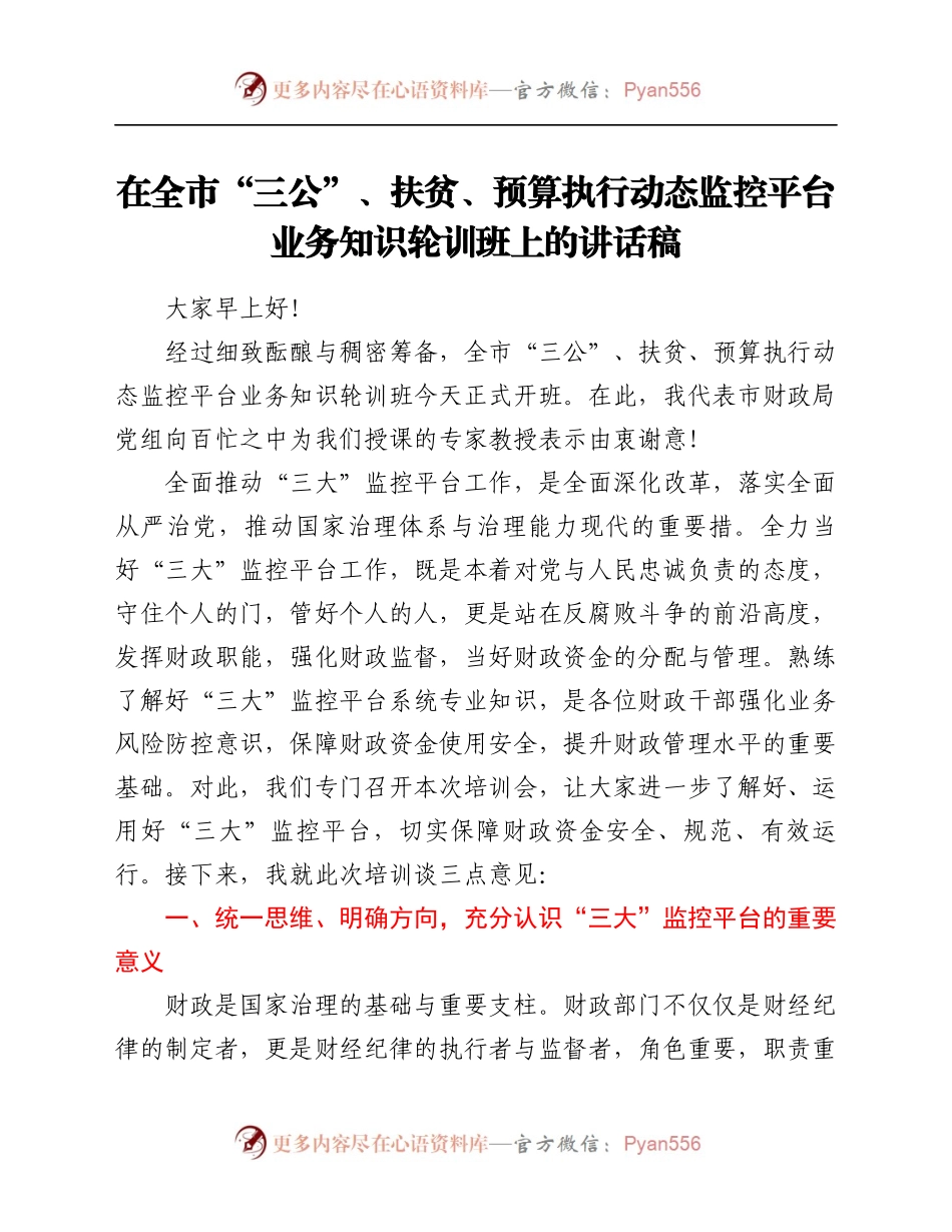 在全市“三公”、扶贫、预算执行动态监控平台业务知识轮训班上的讲话稿.docx_第1页