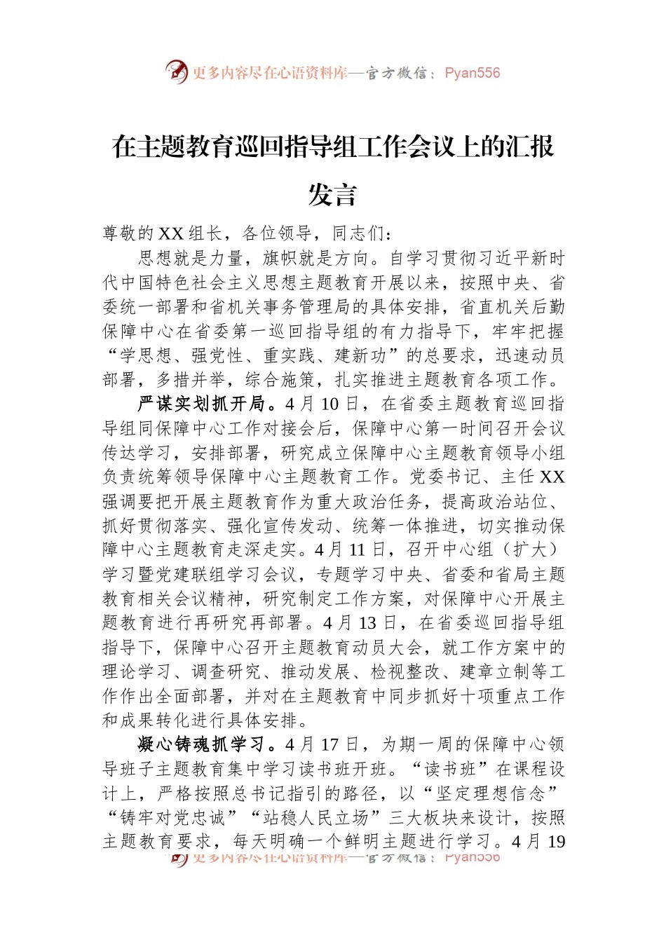 在主题教育巡回指导组工作会议上的汇报发言.docx_第1页