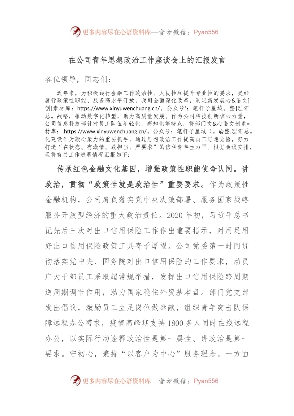 在公司青年思想政治工作座谈会上的汇报发言.docx_第1页