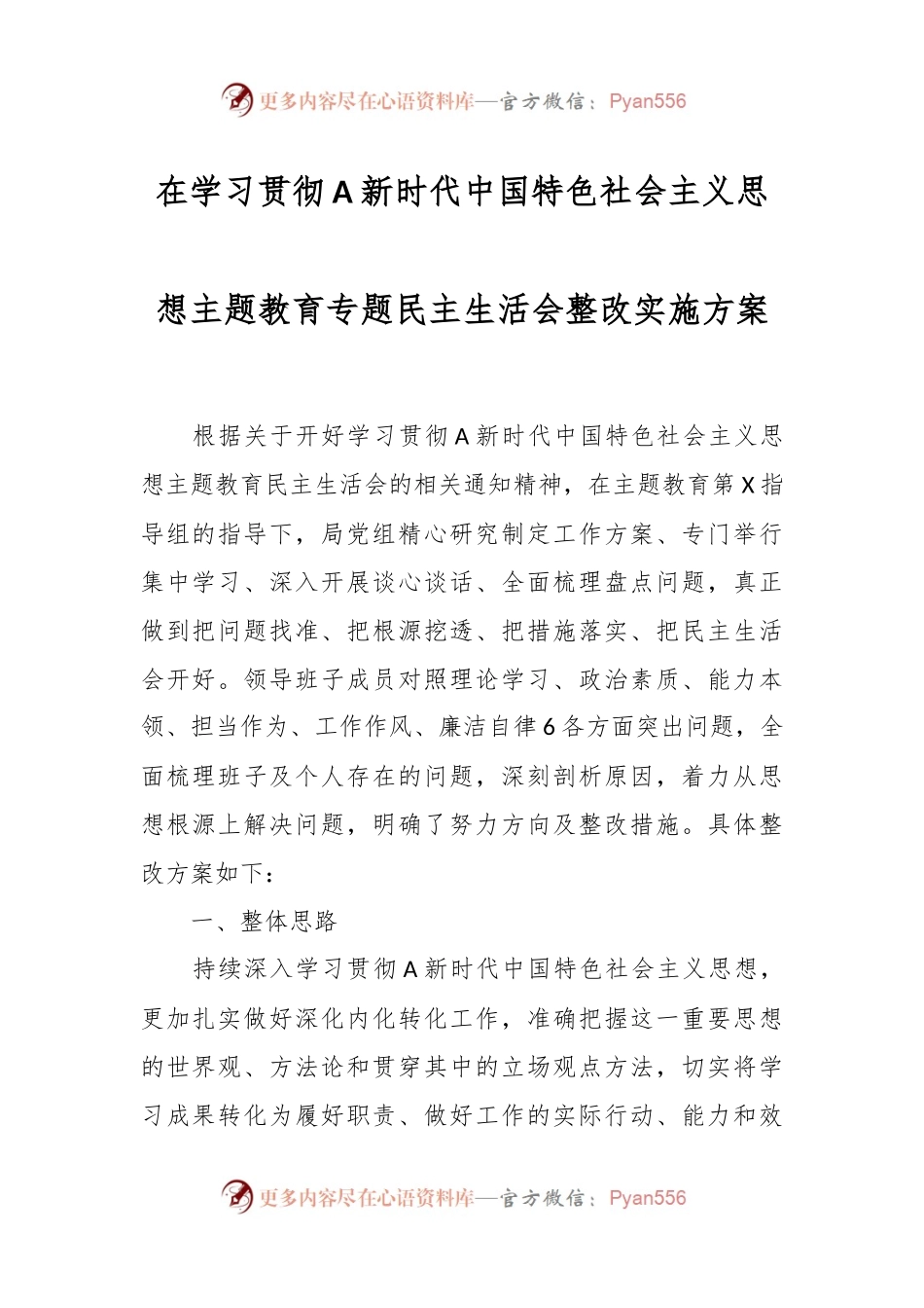 在学习贯彻A新时代中国特色社会主义思想 主题教育专题民主生活会整改实施方案.docx_第1页