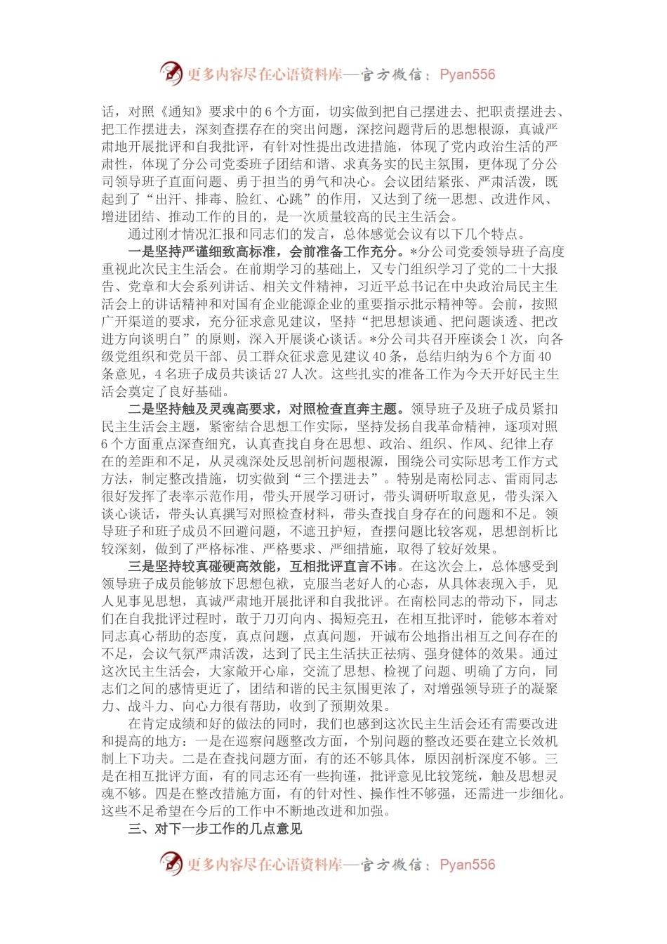 在分公司2022年度领导班子民主生活会上的点评讲话.docx_第2页