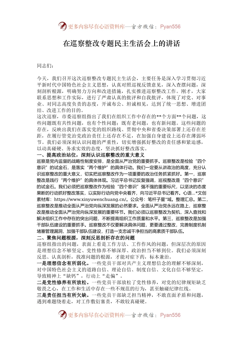 在巡察整改专题民主生活会上的讲话.docx_第1页
