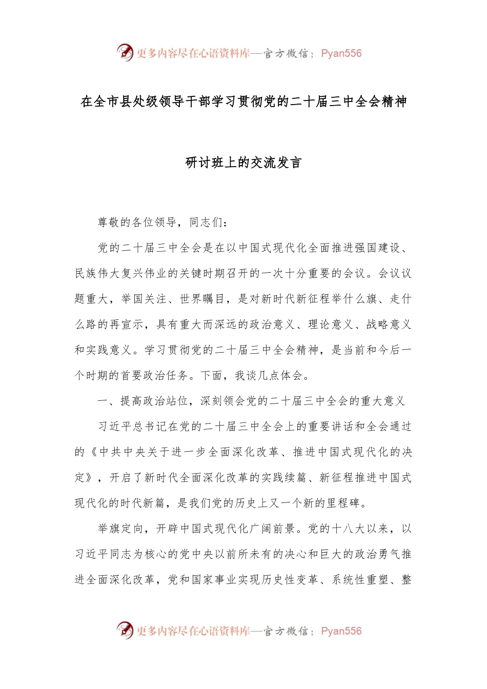 在全市县处级领导干部学习贯彻党的二十届三中全会精神研讨班上的交流发言.docx_第1页
