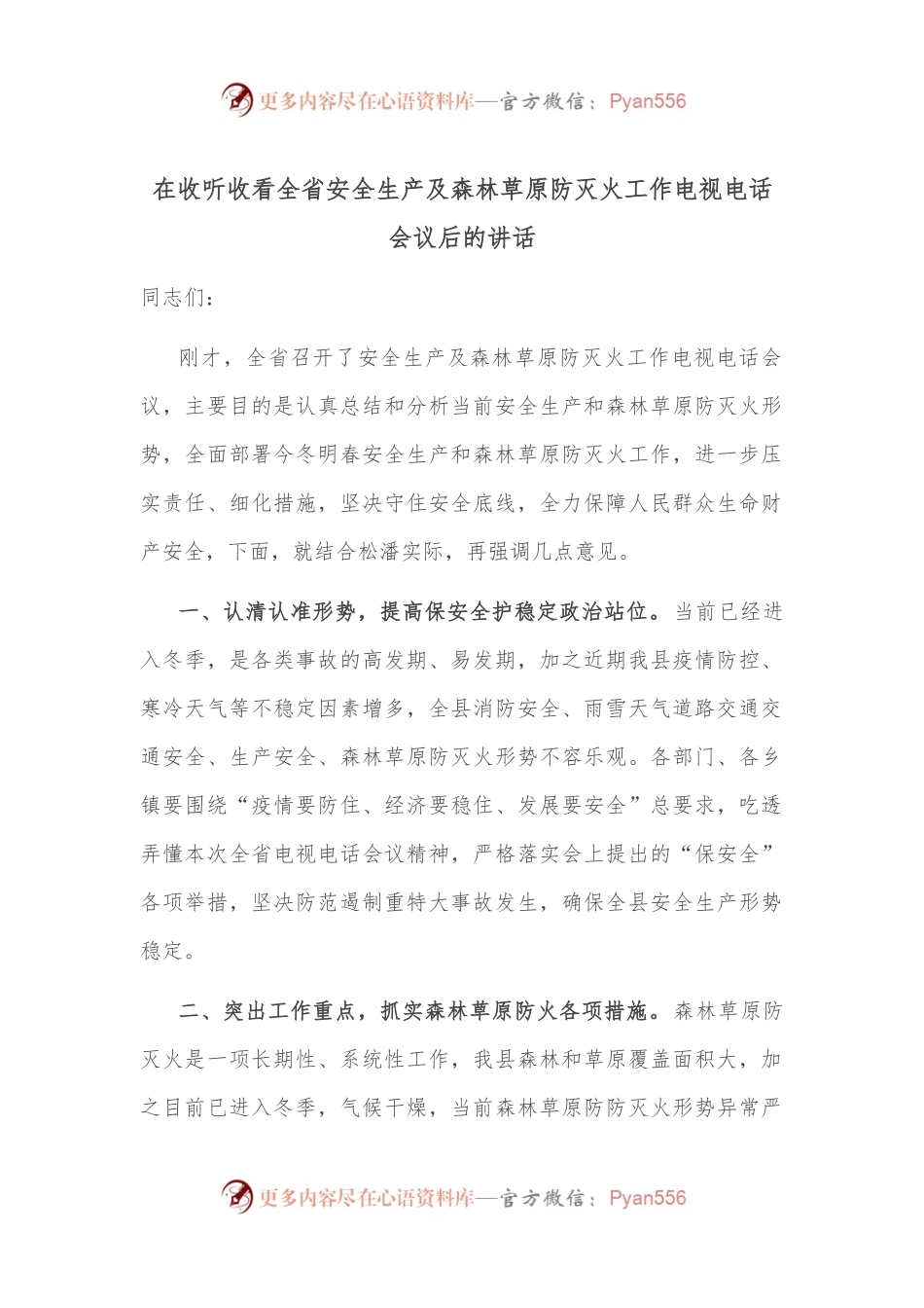 在收听收看全省安全生产及森林草原防灭火工作电视电话会议后的讲话.docx_第1页