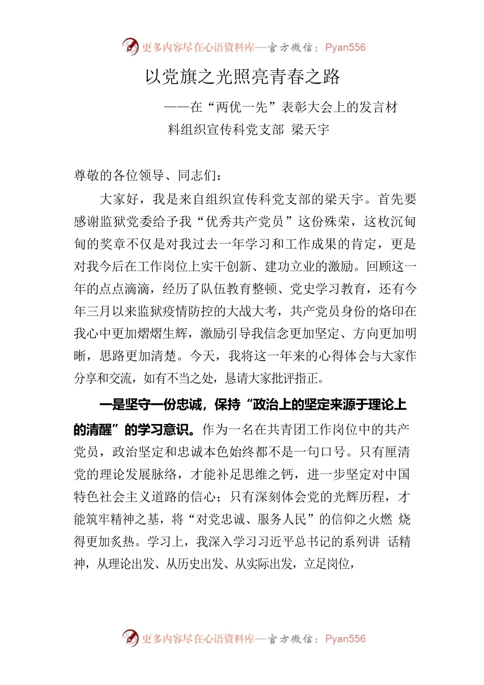在“两优一先”表彰大会上的发言材料.docx_第1页