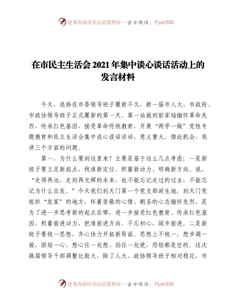 在市民主生活会2021年集中谈心谈话活动上的发言材料.docx_第1页