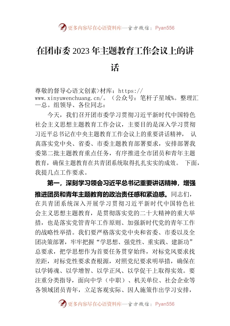 在团市委2023年主题教育工作会议上的讲话.docx_第1页