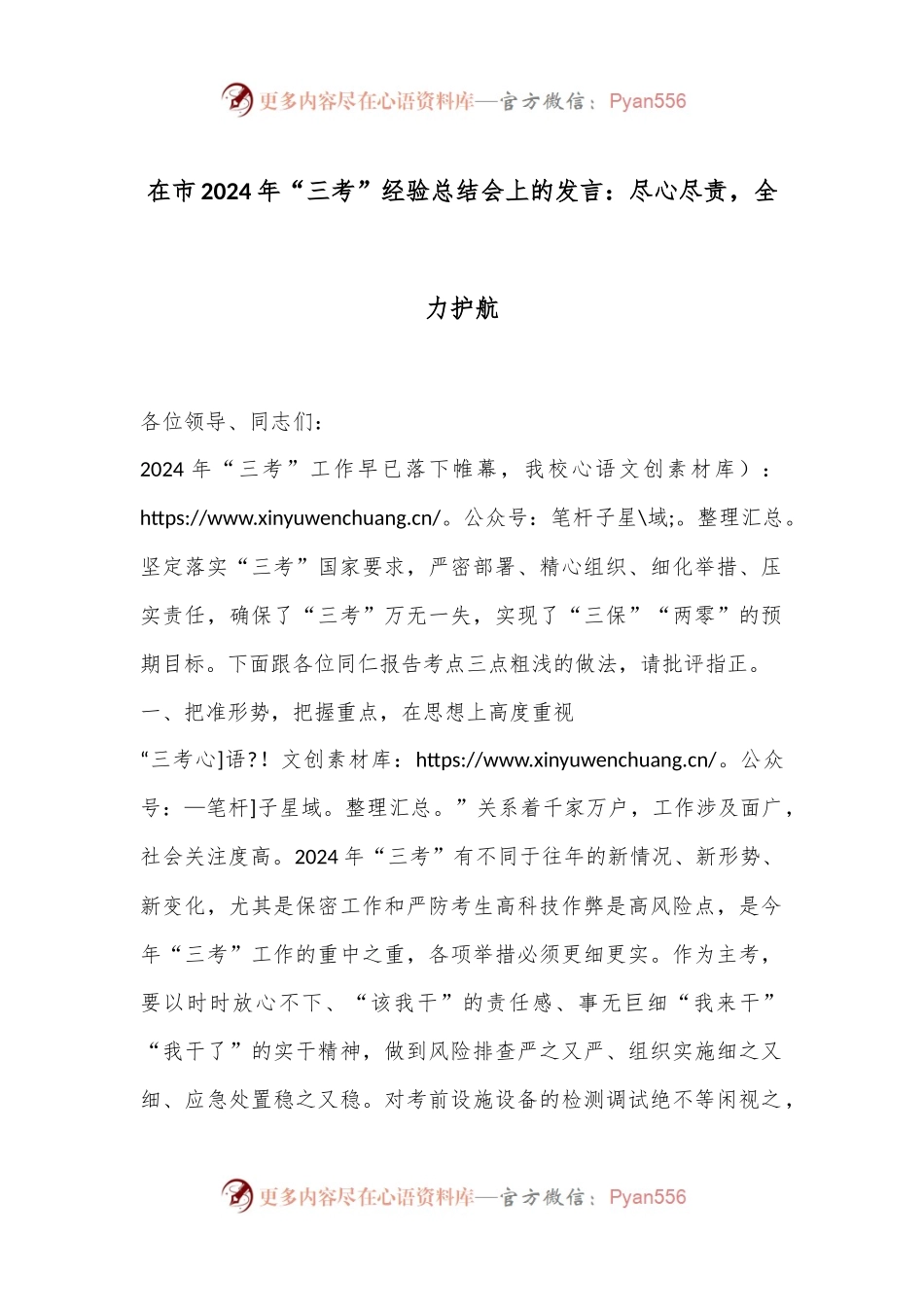 在市2024年“三考”经验总结会上的发言：尽心尽责，全力护航.docx_第1页