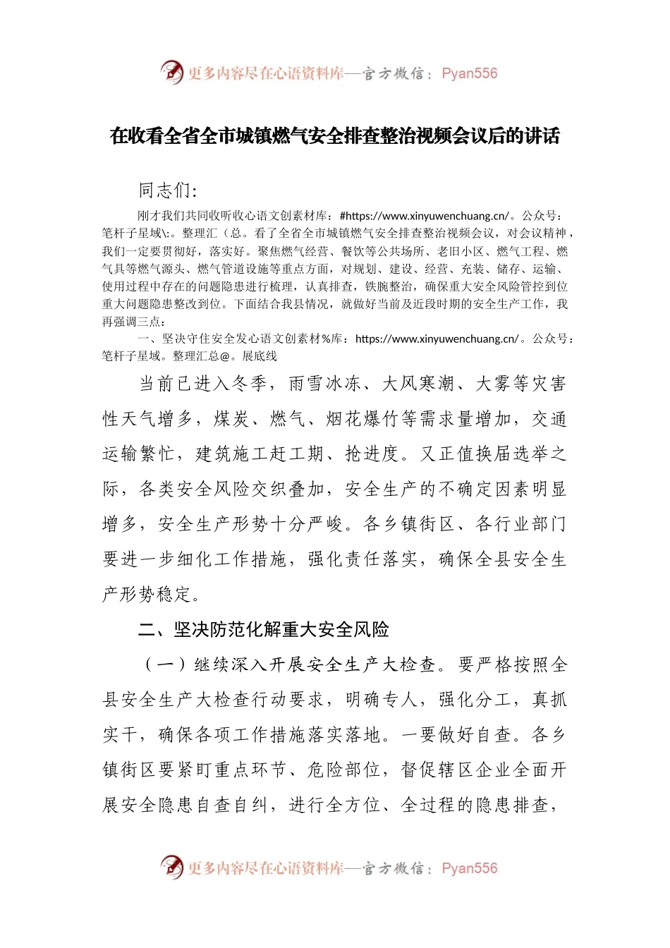 在收看全省全市城镇燃气安全排查整治视频会议后的讲话.docx_第1页