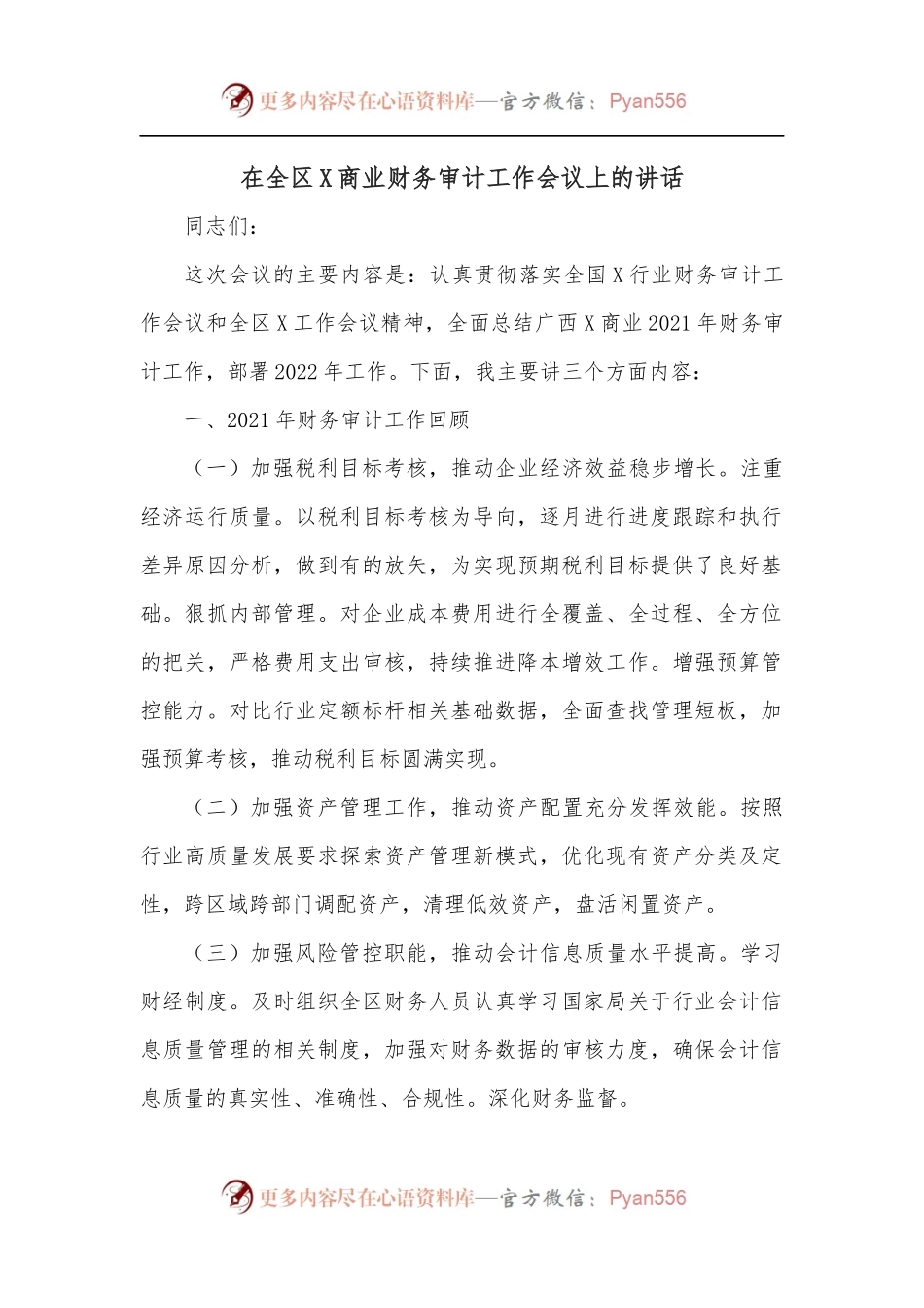 在全区X商业财务审计工作会议上的讲话.docx_第1页
