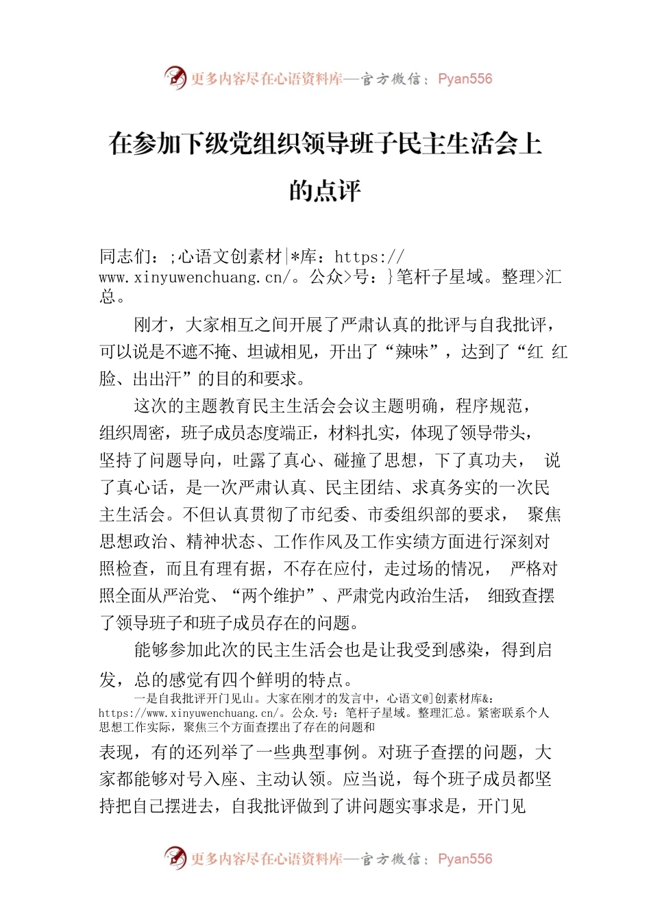 在参加下级党组织领导班子民主生活会上的点评（2230823）.docx_第1页