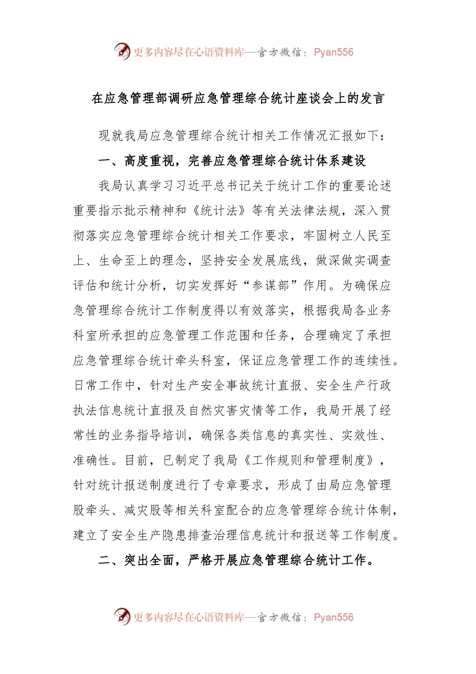 在应急管理部调研应急管理综合统计座谈会上的发言.docx_第1页