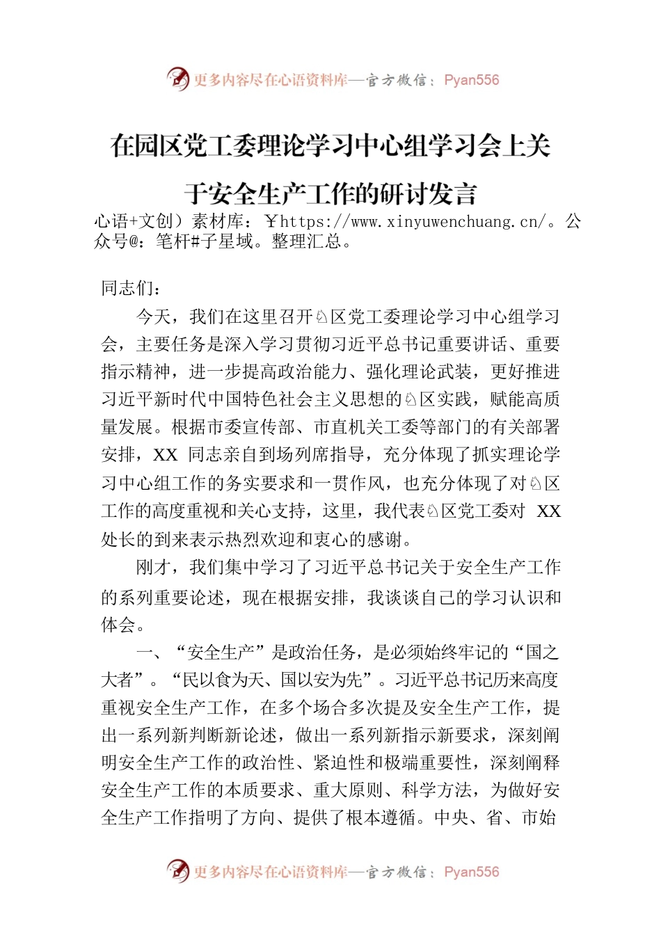 在园区党工委理论学习中心组学习会上关于安全生产工作的研讨发言.docx_第1页