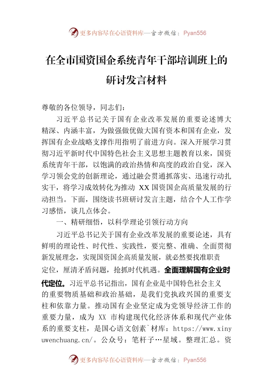在全市国资国企系统青年干部培训班上的研讨发言材料.docx_第1页