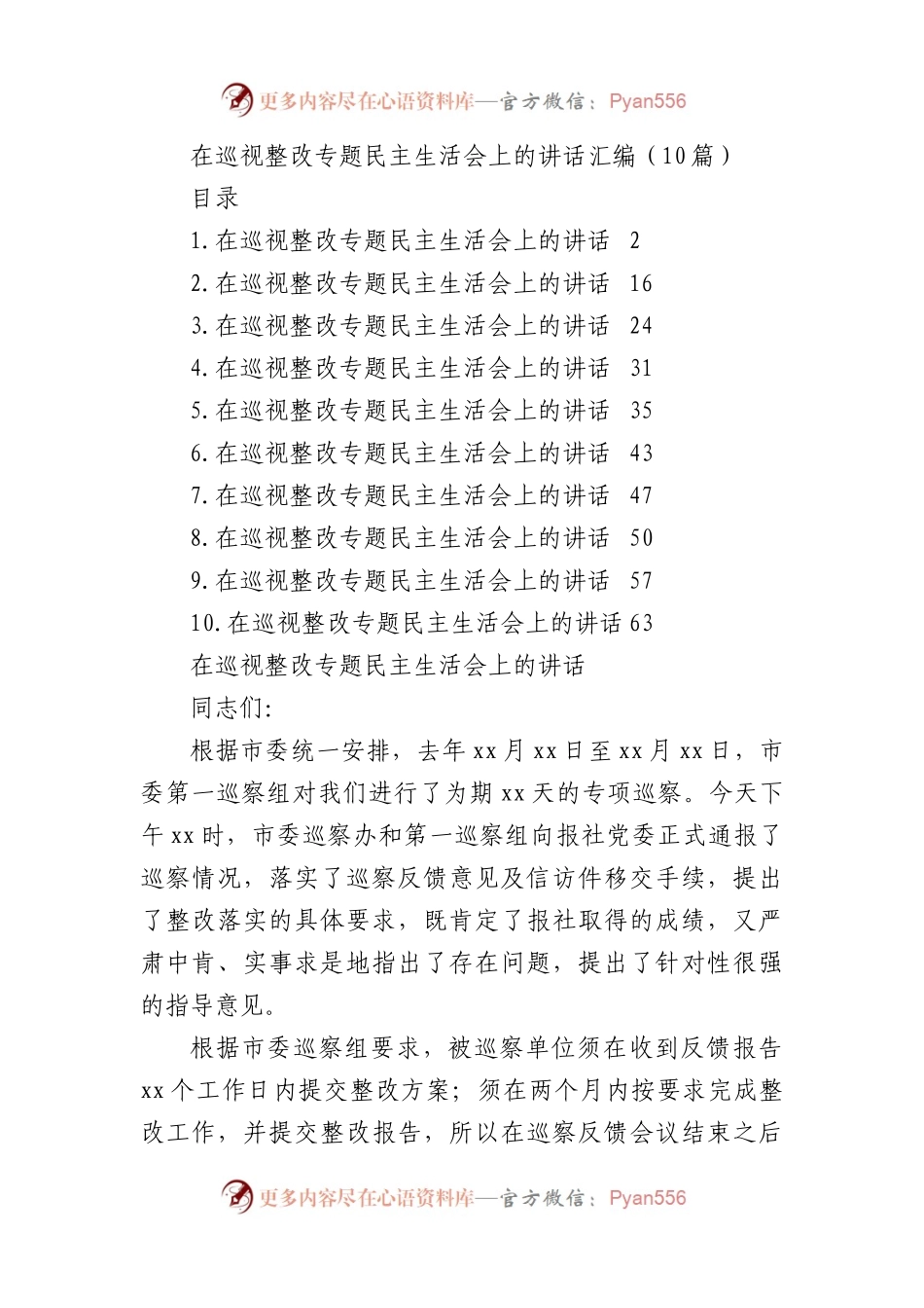 在巡视整改专题民主生活会上的讲话汇编（10篇）.docx_第1页
